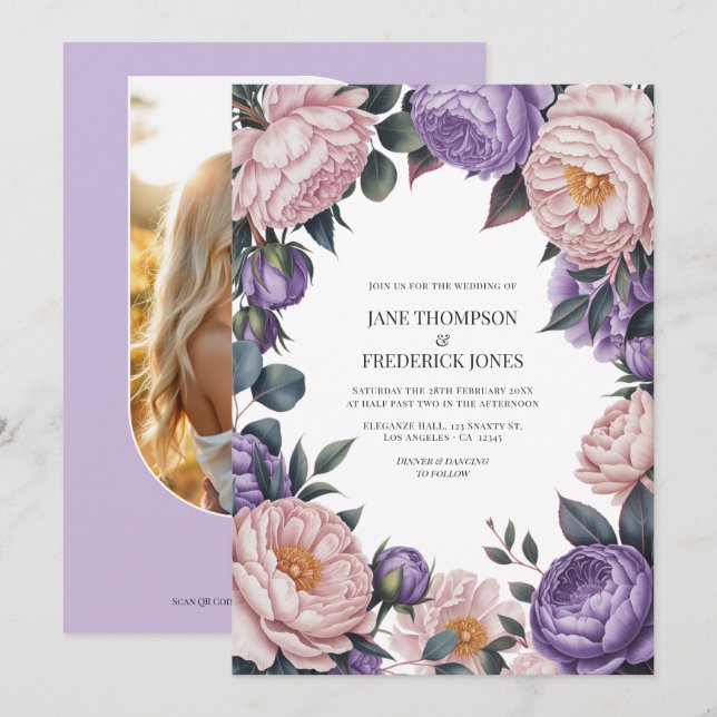 Convite Código QR de Casamento Floral em Aquarela Rosa e M (Frente/Verso)