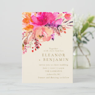 Convite Código QR de Casamento Floral em Aquarela Rosa Ele