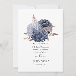 Convite Código QR de casamento floral em azul empoeirado e