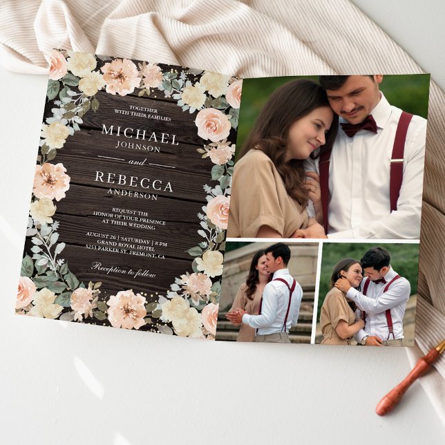 Convite Código QR de Casamento Floral em Madeira Rústica c (Criador carregado)