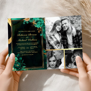 Convite Código QR de Casamento Floral em Mármore Dourado V
