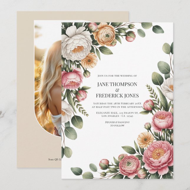 Convite Código QR de casamento floral em Sage, Blush e Lig (Frente/Verso)