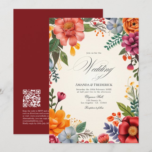 Convite Código QR de Casamento Floral Fiesta Vibrante em A (Frente/Verso)