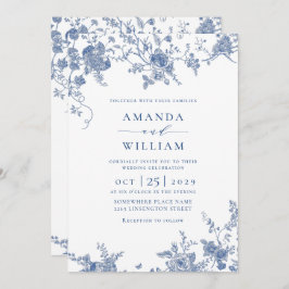 Convite Código QR de Casamento Floral Francês Azul Vitoria
