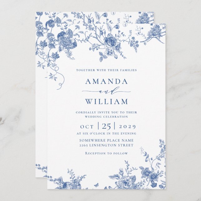 Convite Código QR de Casamento Floral Francês Azul Vitoria (Frente/Verso)