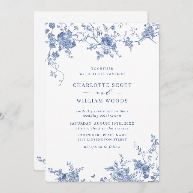 Convite Código QR de Casamento Floral Francês Azul Vitoria (Frente/Verso)