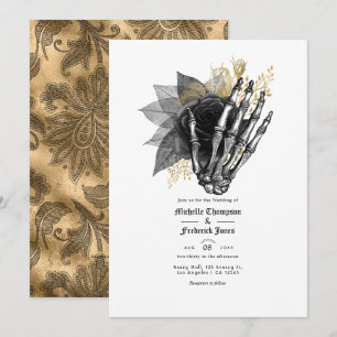 Convite Código QR de Casamento Floral Gótico Preto e Doura