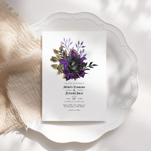 Convite Código QR de Casamento Floral Gótico Roxo Dourado