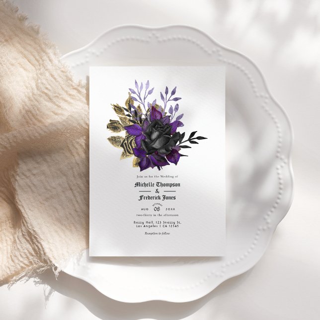 Convite Código QR de Casamento Floral Gótico Roxo Dourado (Black Purple Gold Floral Gothic Wedding QR Code Invitation)