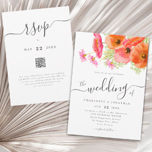 Convite Código QR de Casamento Floral Laranja Rosa Vibrant