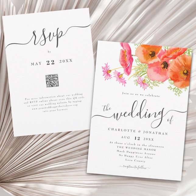 Convite Código QR de Casamento Floral Laranja Rosa Vibrant (Modern vibrant pink orange garden floral wedding qr code invitation)