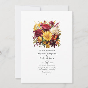 Convite Código QR de Casamento Floral Marrom e Amarelo