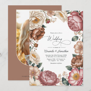 Convite Código QR de Casamento Floral Mocha, Creme e Rosa