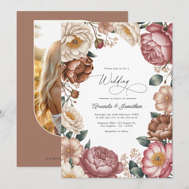 Convite Código QR de Casamento Floral Mocha, Creme e Rosa  (Frente/Verso)