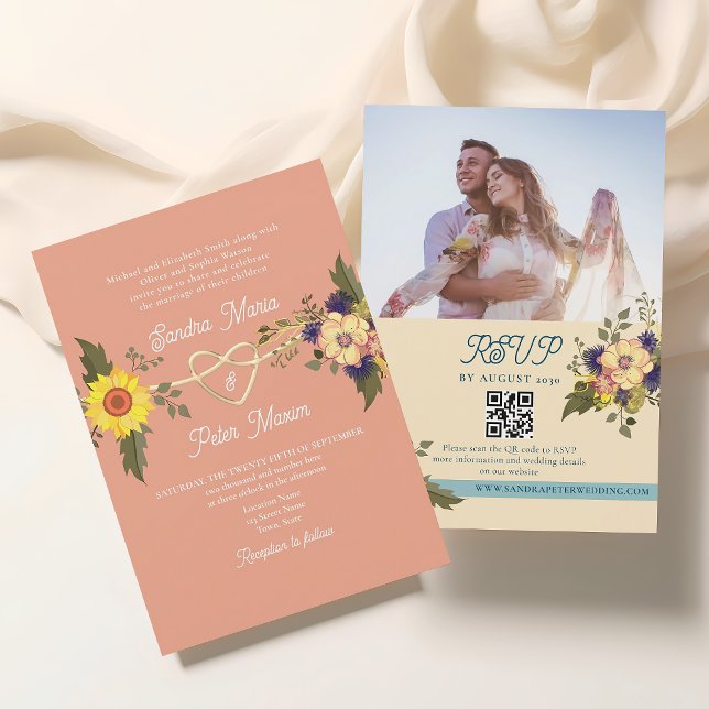 Convite Código QR de Casamento Floral Pêssego (Criador carregado)