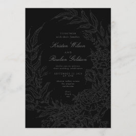 Convite Código QR de Casamento Floral Preto de Fita Preta