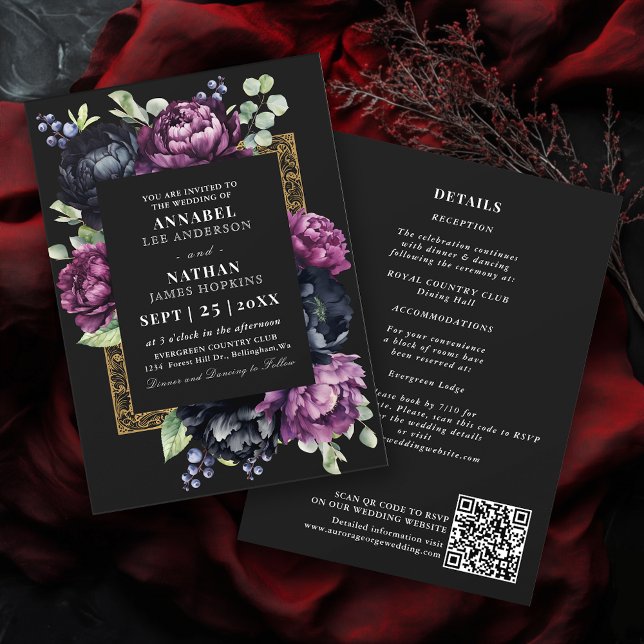 Convite Código QR de Casamento Floral Preto Elegante Púrpu (Criador carregado)