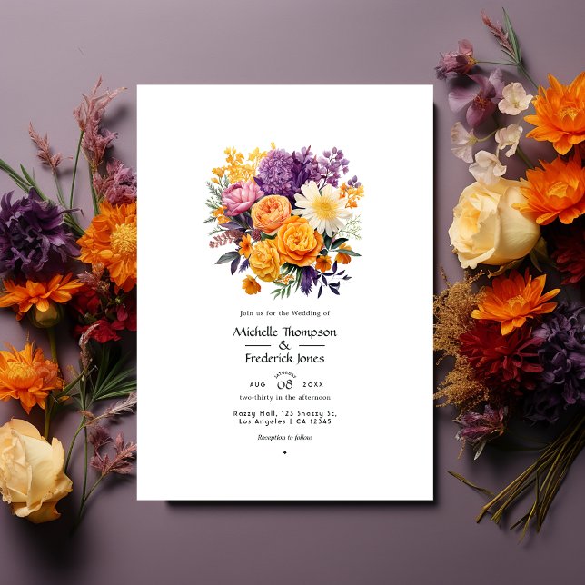 Convite Código QR de Casamento Floral Púrpura, Laranja e A (Criador carregado)