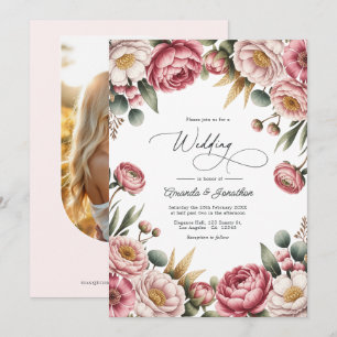 Convite Código QR de casamento floral rosa empoeirado e do