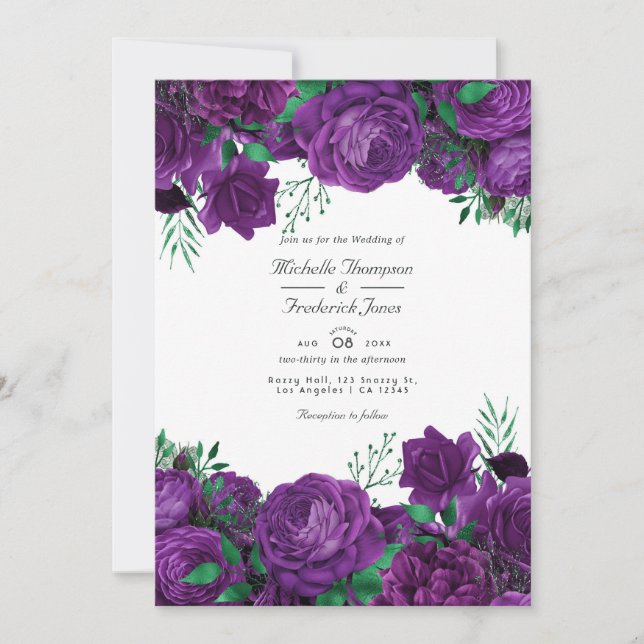 Convite Código QR de Casamento Floral Roxo e Verde Rsvp (Frente)