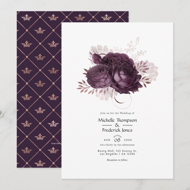 Convite Código QR de Casamento Floral Roxo Escuro e Dourad (Frente/Verso)