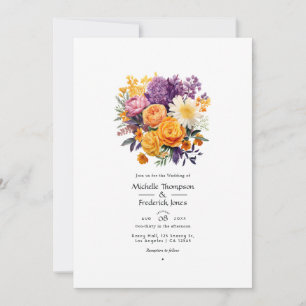 Convite Código QR de casamento floral roxo, laranja e amar