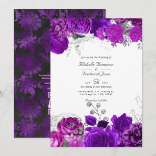 Convite Código QR de Casamento Floral Roxo Real e Prata Rs