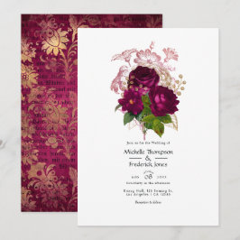 Convite Código QR de casamento floral shabby dourado burgu