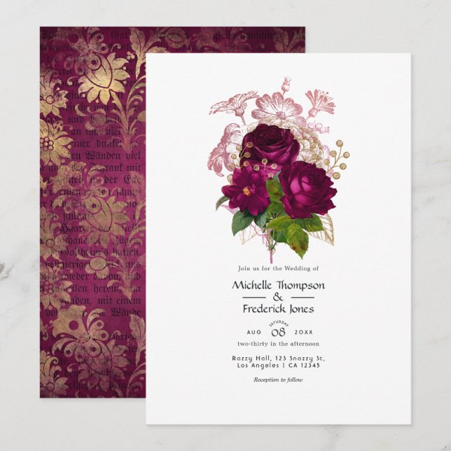 Convite Código QR de casamento floral shabby dourado burgu (Frente/Verso)