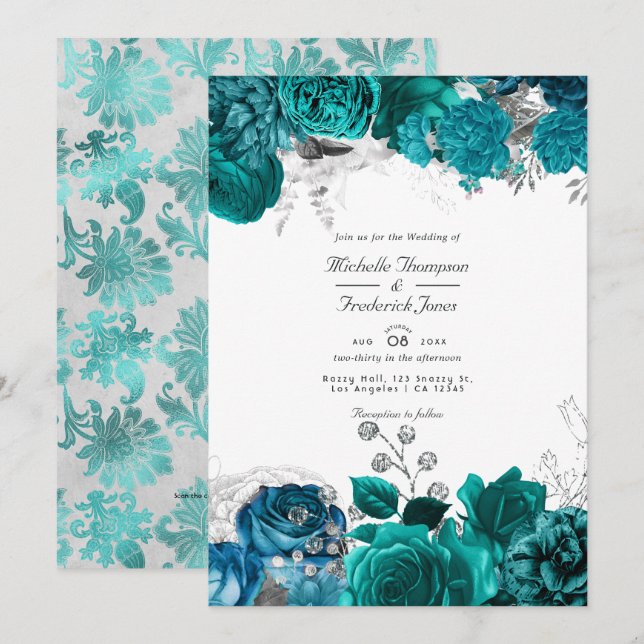 Convite Código QR de Casamento Floral Verde Azul e Prata R (Frente/Verso)
