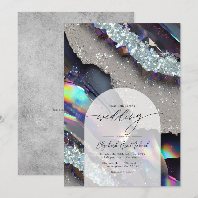 Convite Código QR de Casamento Glam Faux Holográfico Ágata (Frente/Verso)