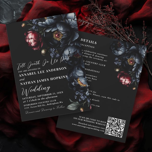 Convite Código QR de Casamento Gótico de Peonia Romântica  (Criador carregado)