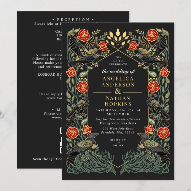 Convite Código QR de casamento gótico de rosas de corvo en (Frente/Verso)