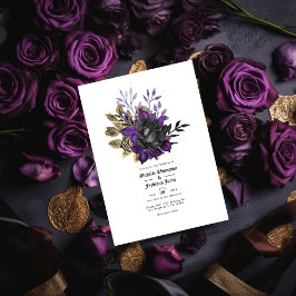 Convite Código QR de Casamento Gótico Dourado Roxo Preto