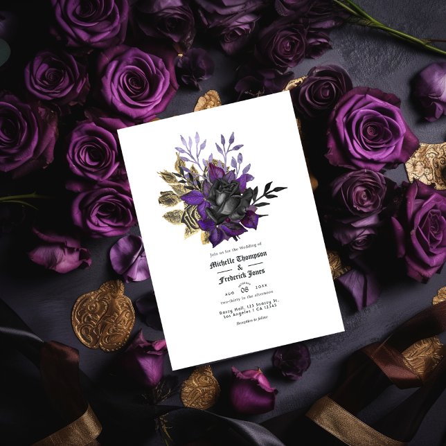 Convite Código QR de Casamento Gótico Dourado Roxo Preto (Criador carregado)