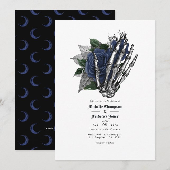 Convite Código QR de Casamento Gótico Floral Azul Marinho (Frente/Verso)