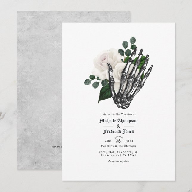 Convite Código QR de Casamento Gótico Floral Branco (Frente/Verso)