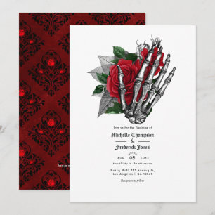 Convite Código QR de Casamento Gótico Floral Preto e Verme