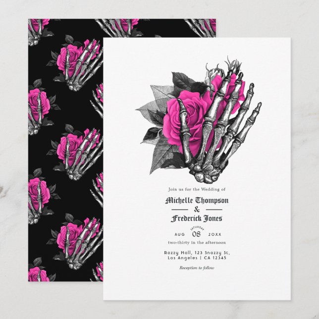 Convite Código QR de Casamento Gótico Floral Rosa Quente (Frente/Verso)