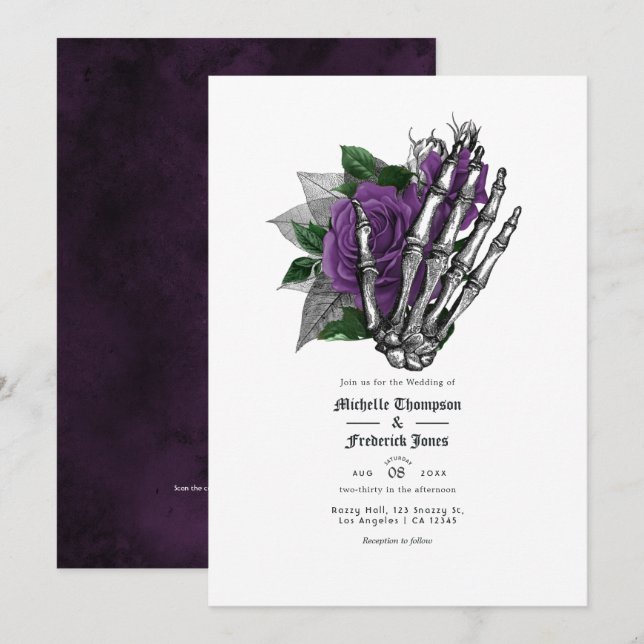 Convite Código QR de Casamento Gótico Floral Roxo (Frente/Verso)