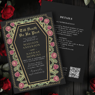 Convite Código QR de Casamento Gótico Preto Dourado da Mor