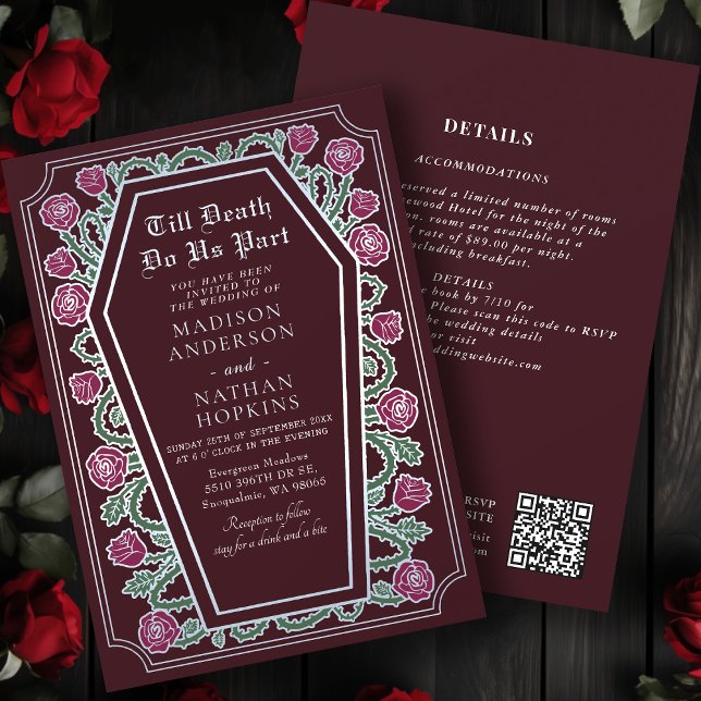 Convite Código QR de Casamento Gótico Vermelho Rosa (Criador carregado)