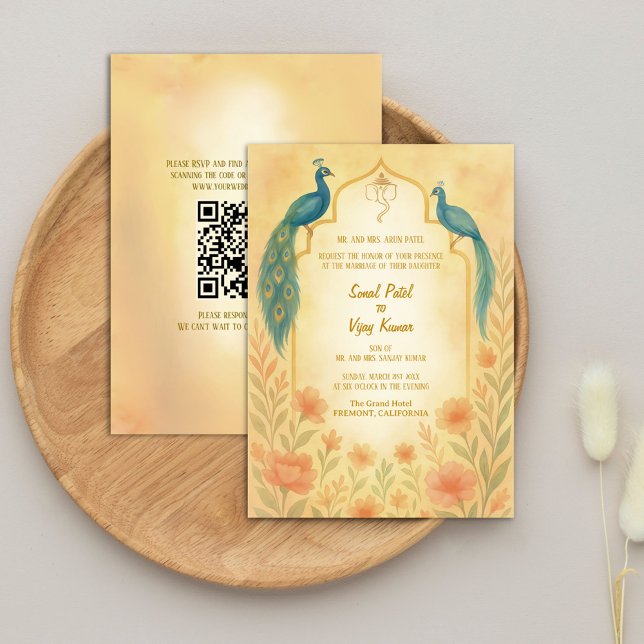 Convite Código QR de Casamento Hindu Indiano de Peacock Fl (Criador carregado)