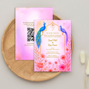 Convite Código QR de Casamento Hindu Indiano de Peacock Fl