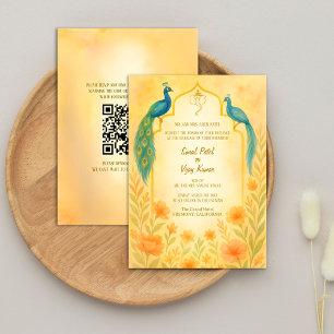 Convite Código QR de Casamento Hindu Indiano de Peacock Fl