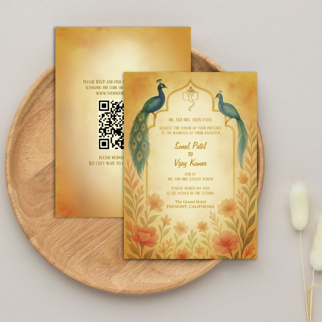 Convite Código QR de Casamento Hindu Indiano de Peacock Fl (Criador carregado)