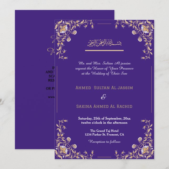 Convite Código QR de casamento islâmico muçulmano roxo ele (Frente/Verso)