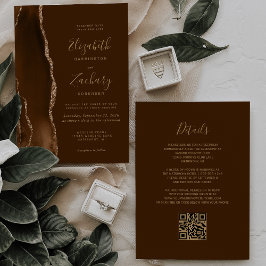 Convite Código QR de Casamento Marrom Ágata Dourado Mocha