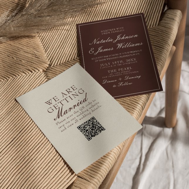 Convite Código QR de casamento marrom chocolate sofisticad (Criador carregado)