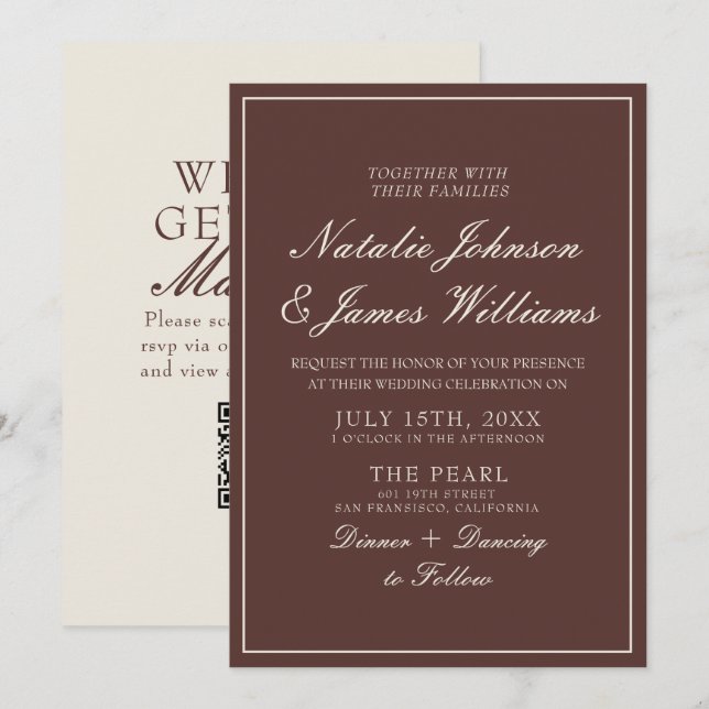 Convite Código QR de casamento marrom chocolate sofisticad (Frente/Verso)